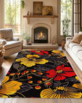 Black Floral Washable Living Room Area Rug, Low Profile Abstract Pattern, Non-Slip Backing Carpet for Kitchen, Bedroom, Dining Room