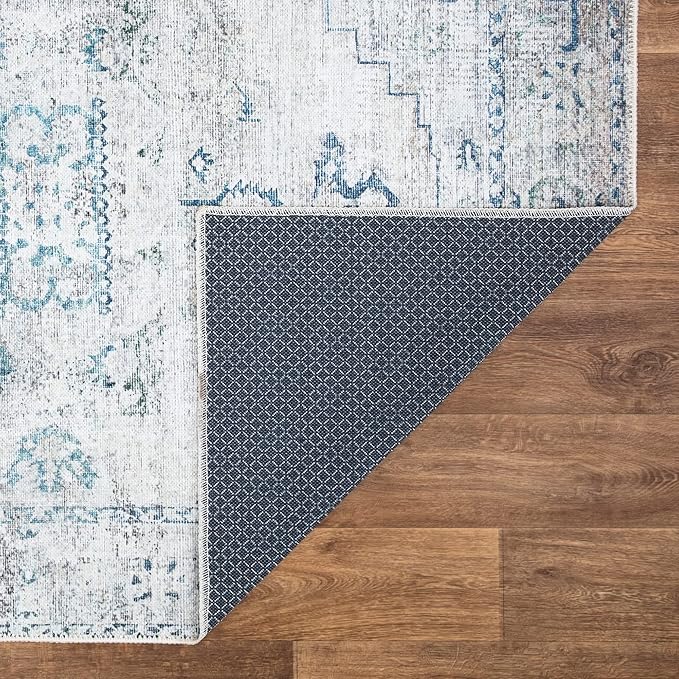Bloom Rugs Washable Non-Slip 6' x 9' Rug - Teal/Beige Traditional Area Rug for Living Room, Bedroom, Dining Room, and Kitchen - Exact Size: 6' x 9'