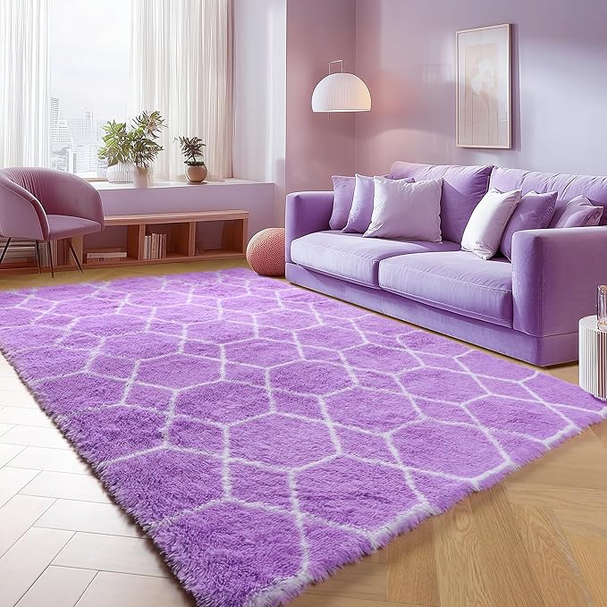 ONASAR Area Rugs for Bedroom Living Room, Washable 4x6 Fluffy Purple and White Throw Rug, Boho Geometric Soft Shaggy Fuzzy Plush Indoor Floor Carpet for Kids Teen Nursery Dorm Home Decor Aesthetic