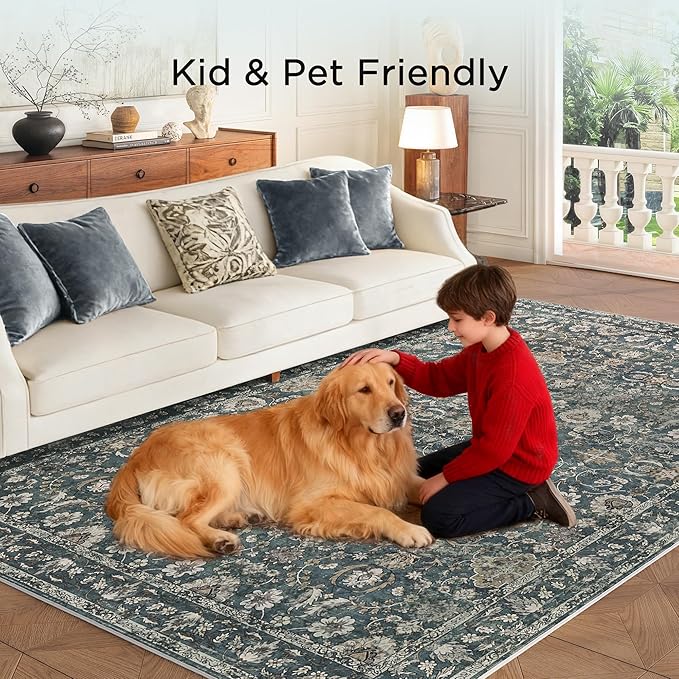 8x10 Washable Rugs for Living Room, Soft Large Rugs Blue Area Rug, Indoor Vintage Carpet for Bedroom Dining Room Office, Rubber Backed Non Slip Low Pile Mat, Deep Blue