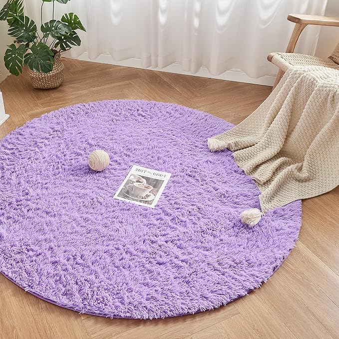 Andency Purple Round Area Rug for Bedroom, Shag Circle Rug 4'X4' for Room, Cute Fluffy Circular Carpet for Room, Shaggy Fuzzy Plush Rug for Room Dorm Playroom