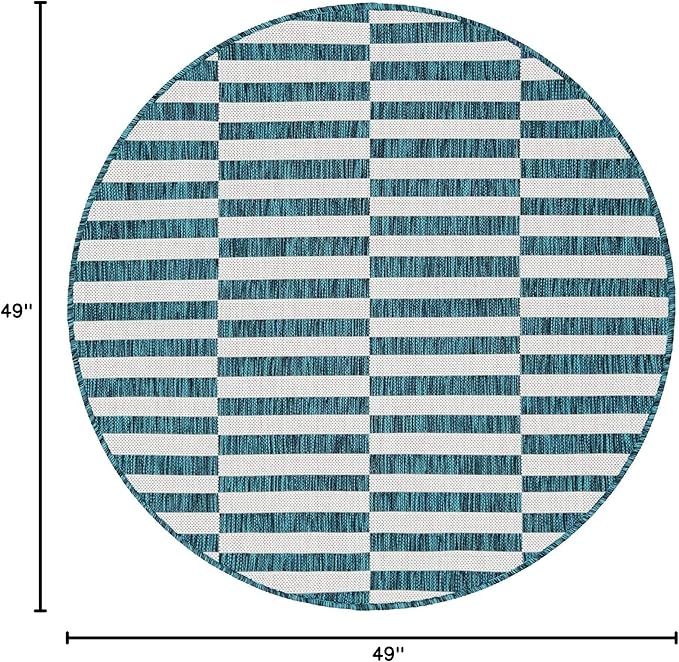 Unique Loom Outdoor Striped Collection Area Rug - Striped (4' 1" Round, Teal/Ivory)