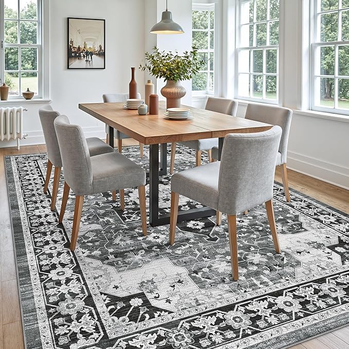 DEXI 8x10 Area Rug for Living Room, Washable Vintage Farmhouse Thin Rug Indoor Floor, Non Slip Stain Resistant Low Pile Carpet for Dining Room Bedroom Office, White Grey