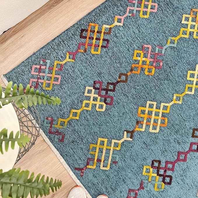 Alfa Rich 3x5 Moroccan Blue Washable Area Rugs for Living Room Bedroom Kitchen Decor Cotton Runner