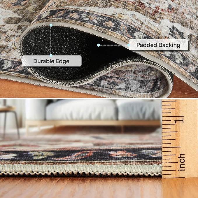 ReaLife Rugs Machine Washable Area Rug - Living Room Bedroom Bathroom Kitchen Entryway Office - Non Slip Low Pile Stain Resistant Premium - Boho Farmhouse Vintage - Joy - Brown Beige 6' Round