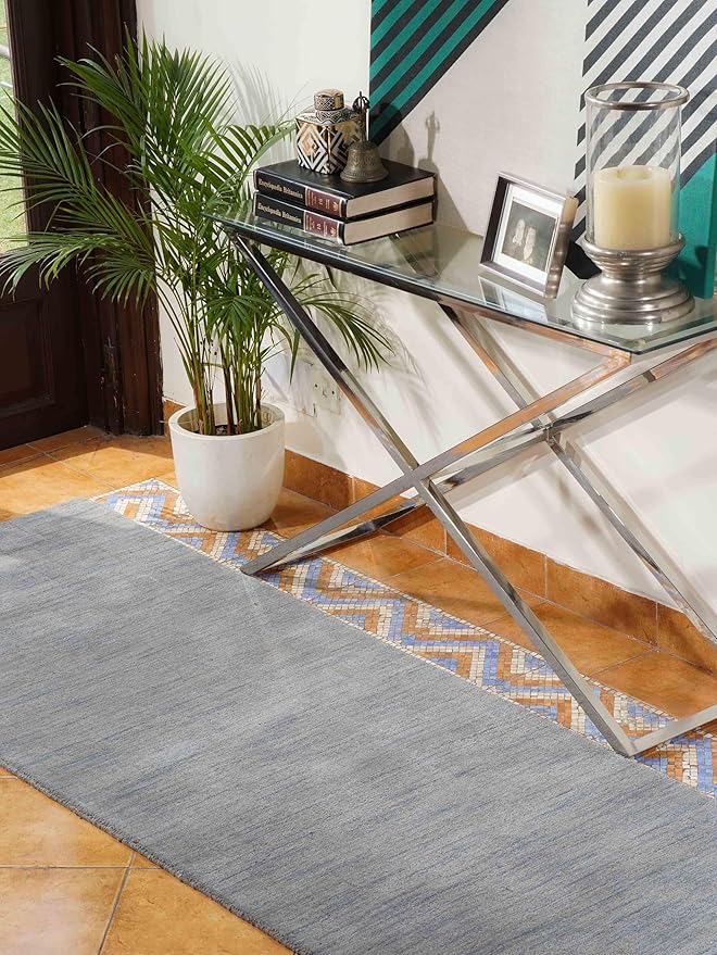 Hand Knotted Loom Wool ECO-Friendly Area Rugs - 2'6''x10', Runner, Light Blue Color, Solid Plain Design, High Pile Thick Handmade Anti Skid Rugs for Living Room (L00111)