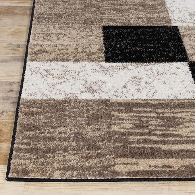 Superior Indoor Runner Rug, Jute Backed, Modern Geometric Patchwork Floor Decor for Bedroom, Office, Living Room, Entryway, Kitchen, Hardwood Floors, Rockwood Collection, 2' 7" x 8', Ivory-Beige