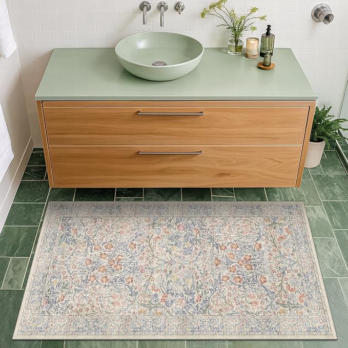 Washable Bathroom Rug 2x4 Non Slip - Beige Blue Small Rugs Front Door Rugs Indoor, Vintage Cream Floral Style Rug for Kitchen, Laundry, Perfect for Entryway Décor