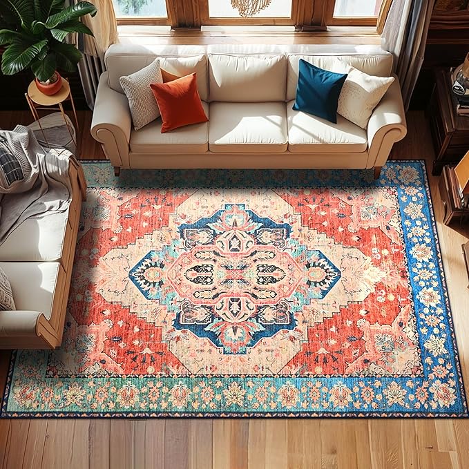 YJ.GWL Area Rugs for Living Room 8x10 Machine Washable Rugs, Non Slip Floral Vintage Rug Indoor Carpet, Stain Resistant Large Rug for Bedroom Dining Room, Red Blue Gradient Color