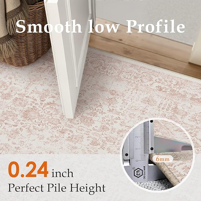 Pink Runner Rug 2x5 Hallway Machine Washable Kitchen Vintage Distressed Non Slip Long Carpet Indoor Retro Floral Bedroom Accent Throw Rug for Bathroom Office Laundry Dining Room