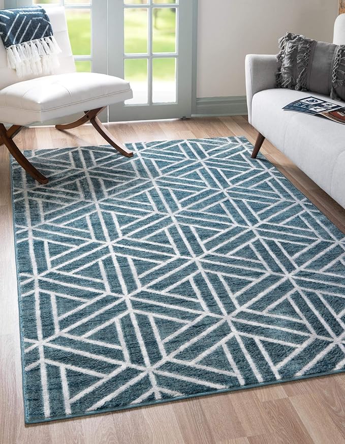 Rugs.com Lattice Trellis Collection Rug – 8' x 10' Blue Low-Pile Rug Perfect for Living Rooms, Large Dining Rooms, Open Floorplans