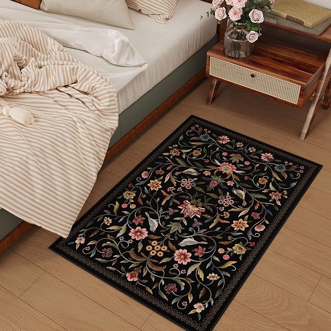 Vintage Medallion Floral Indoor Door Mat 2x3, Machine Washable Entryway Rug, Low Pile Soft Small Carpet, Non-Slip Area Rug for Entrance, Bedroom, Kitchen & Kids Room | Black