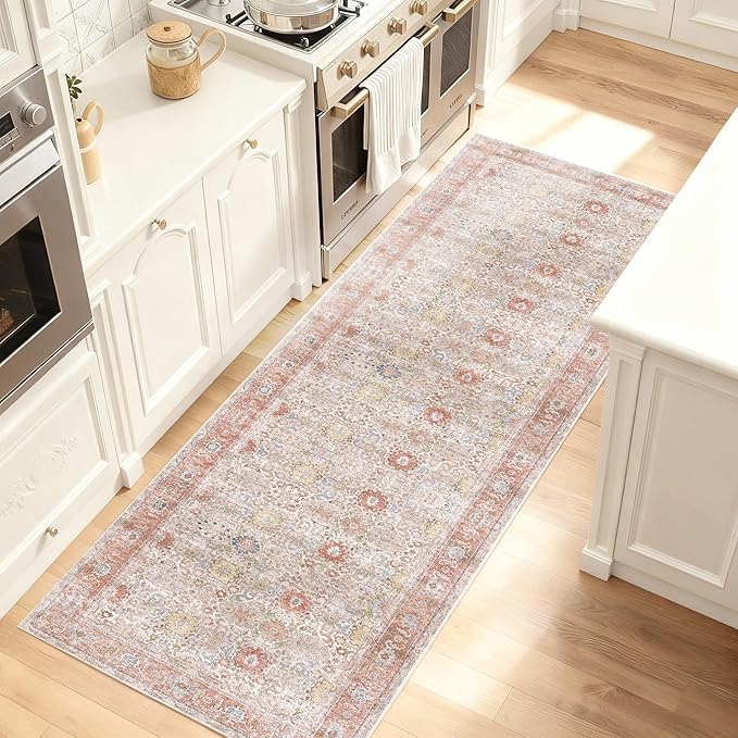 Kuden 2'6"x12 Runner Rug, Machine Washable Area Rug with Non-Slip Backing, Vintage Style, Soft, Easy Clean, Low Pile Rug for Hallway, Entryway, Kitchen, Bedroom