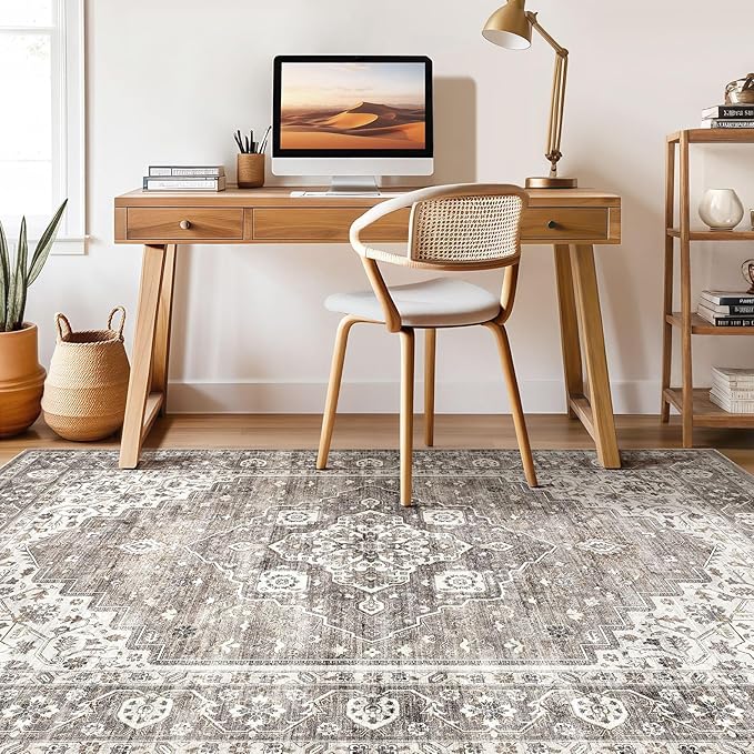 9x12 Area Rug Living Room: Washable Boho Large Neutral Vintage Soft Rugs Stain Resistant Farmhouse Non-Slip Indoor Rustic Floor Carpet for Bedroom Nursery Kids Playroom Office Dining Room- Dark Brown