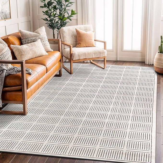 Rugshop Bohemian Stripe Lines Washable Non Slip Area Rug 5' x 7' Ivory