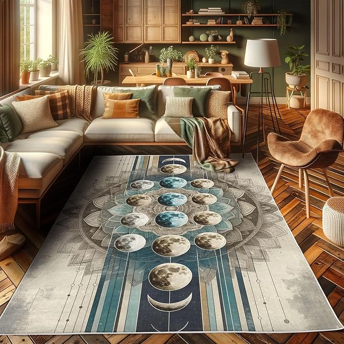 Ambesonne Lunar Art Decorative Rug, Oriental Bohemian Mandala with Moon Phase and Abstract Lines Modern, Quality Carpet for Bedroom Dorm and Living Room, 5' 1" X 7' 5", Cadet Blue and Eggshell
