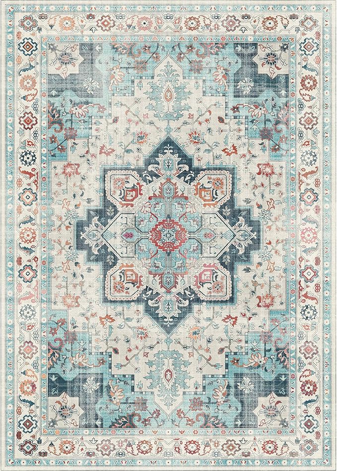 GENIMO 9x12 Area Rugs for Living Room, Machine Washable Non Slip Vintage Rugs, Low Pile Lightweight Chenille Print Rug for Bedroom, Dining Room, Home Office, Turquoise