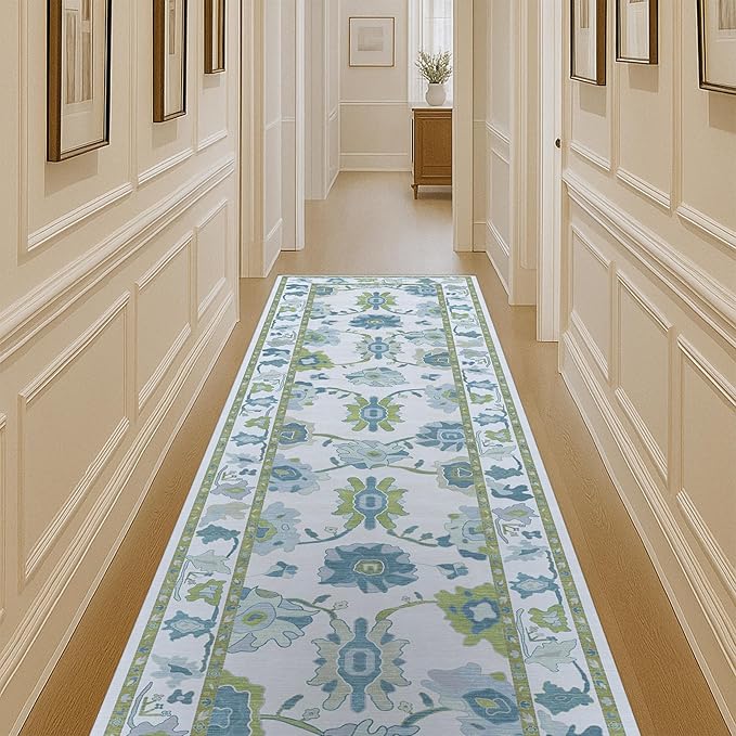 Fame Living Green Oushak Rug, Vintage Turkish Eclectic Floral Pastel Large Oversized Area Rugs for Living Room Dining Bedroom Kitchen Bathroom (55 CGRN, 2'5'' x 6'6)