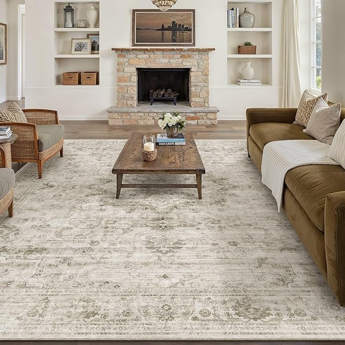 HUGEAR Washable 8x10 Area Rugs Retro Beige Living Room Bedroom Rug Vintage Distressed Non Slip Stain Resistant Low Pile Neutral Throw Carpet for Home Decor