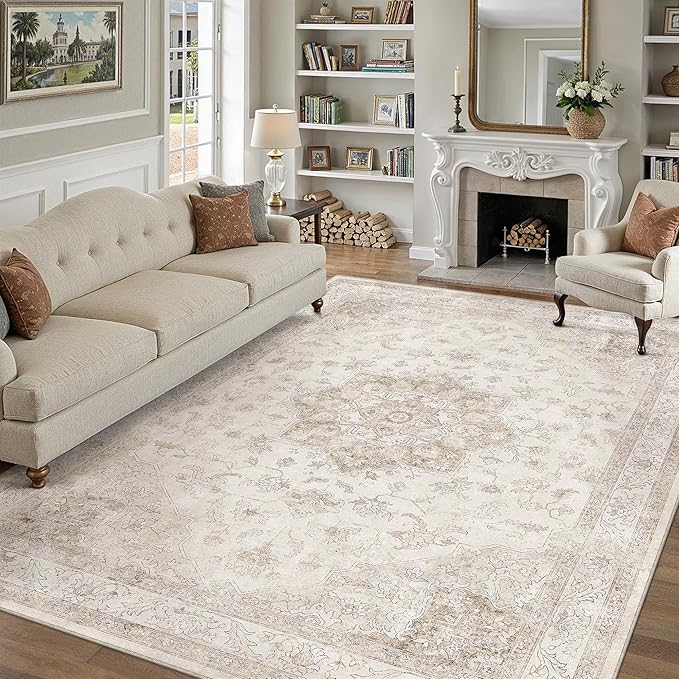 Beige Area Rug 7x9 Washable Living Room Carpet Vintage Non Slip Soft Bedroom Indoor Office Retro Low Pile Thin Oriental Medallion Large Rug for Dining Room Playroom