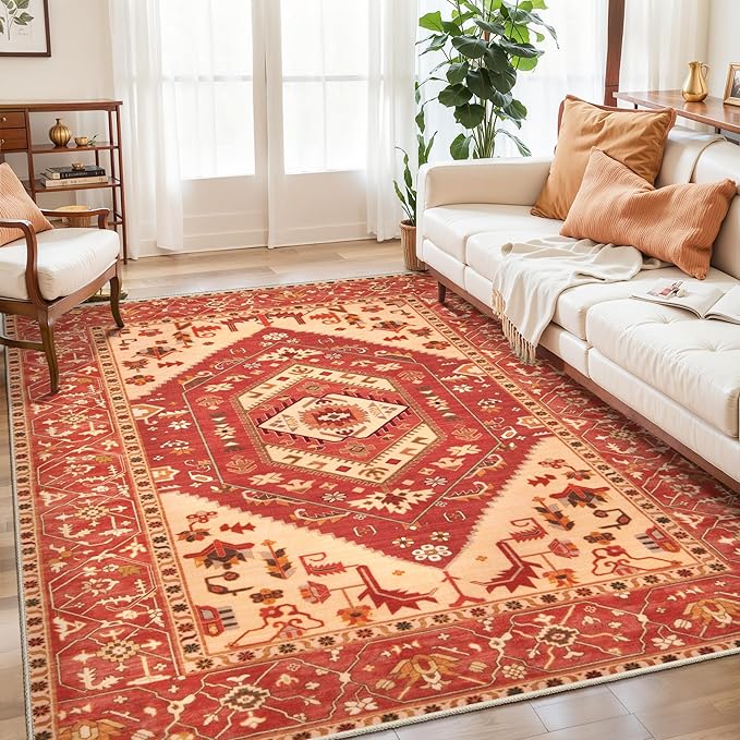 SERISSA 5x7 Boho Area Rug, Washable Non-Slip Rugs for Living Room, Large Red Beige Rug Ultra Soft Vintage Oriental Print Distressed Carpet for Bedroom Dining Room Dorm Office Home Decor