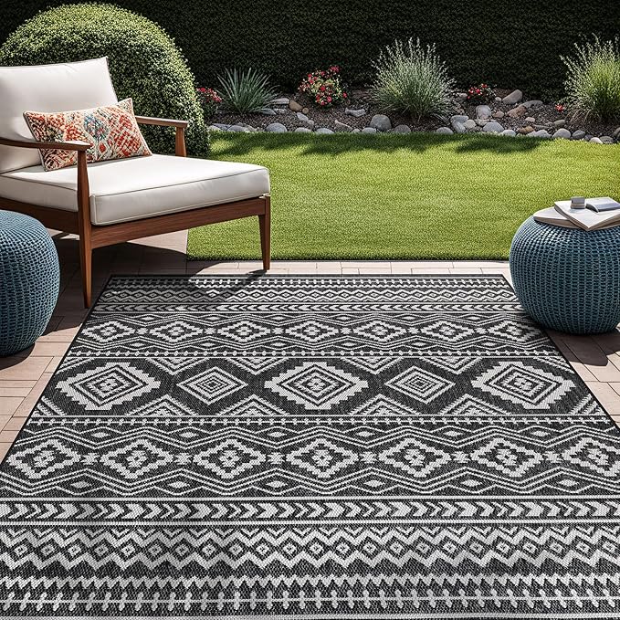 Beverly Rug Waikiki Boho Indoor Outdoor Rug 6x9, Washable Outside Carpet for Patio, Deck, Porch, Bohemian Area Rug, Farmhouse Rugs, Aztec Tribal Rug, Black and White