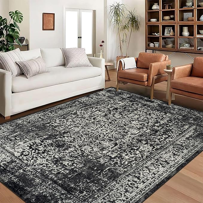 vivorug 4x6 Area Rugs, Stain Resistant Washable Rug for Living Room, Vintage-Inspired Black and White Rug