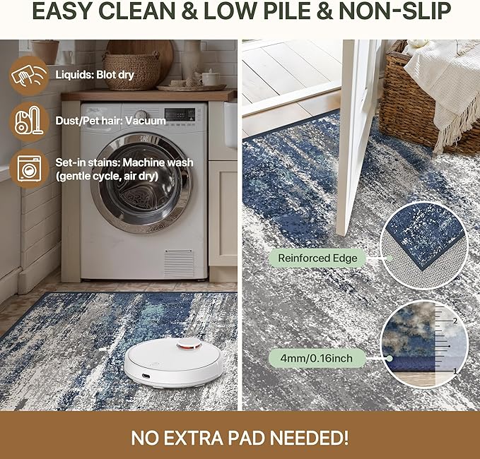 Bavni 5x7 Rug, Abstrcat Machine Washable Rug Non-Slip, Soft Mordern Lightweight Area Rug, Stain Resistant Rugs for Living Room, Bedroom, Dining Room, Blue/Ivory