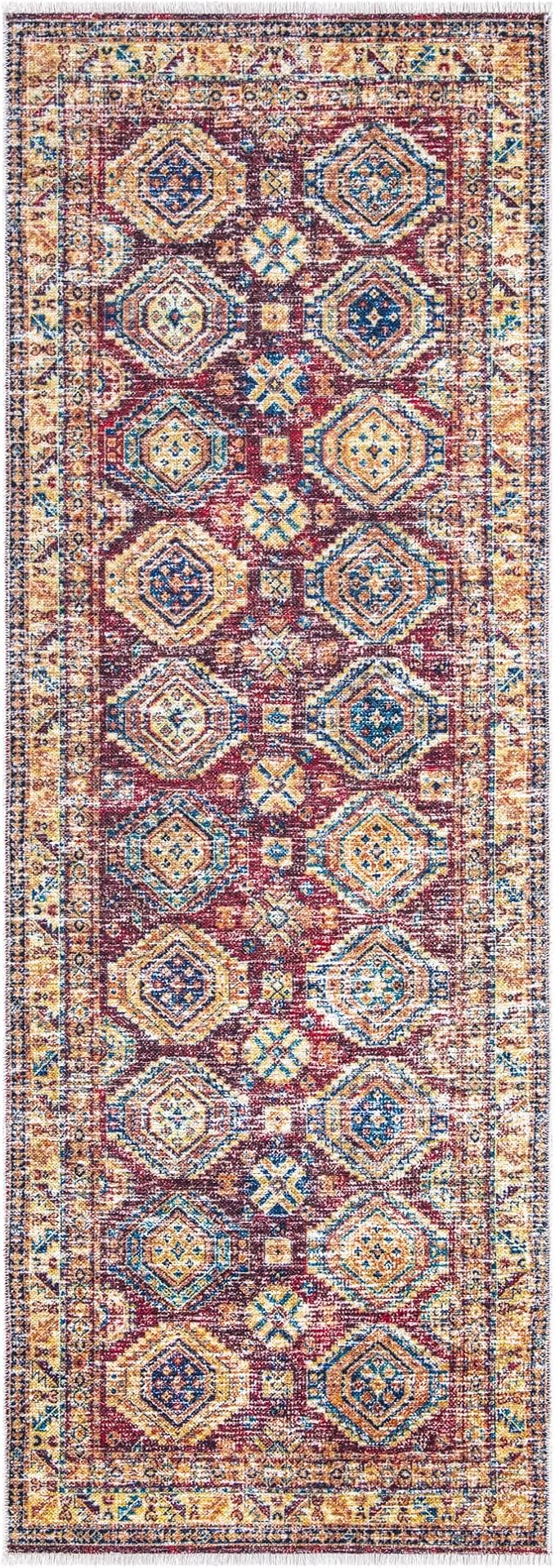 Bloom Rugs Caria Washable Non-Slip 7 ft Runner - Dark Red/Multicolor Traditional Runner for Entryway, Hallway, Bathroom, and Kitchen - Exact Size: 2'6" x 7'