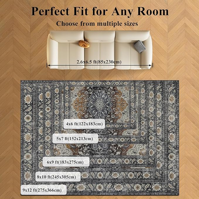 Washable Area Rugs 8x10, Large Rugs for Living Room, Carpet for Bedroom, Soft Faux Wool Retro Dining Room Rug, Non-Slip Backing Resistant Low Pile Vintage Print Rug for Home Office (Tan/Gray)