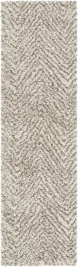 SAFAVIEH Hudson Shag Collection Runner Rug - 2'3" x 12', Ivory & Grey, Chevron Design, Non-Shedding & Easy Care, 2-inch Thick Ideal for High Traffic Areas in Living Room, Bedroom (SGH375A)