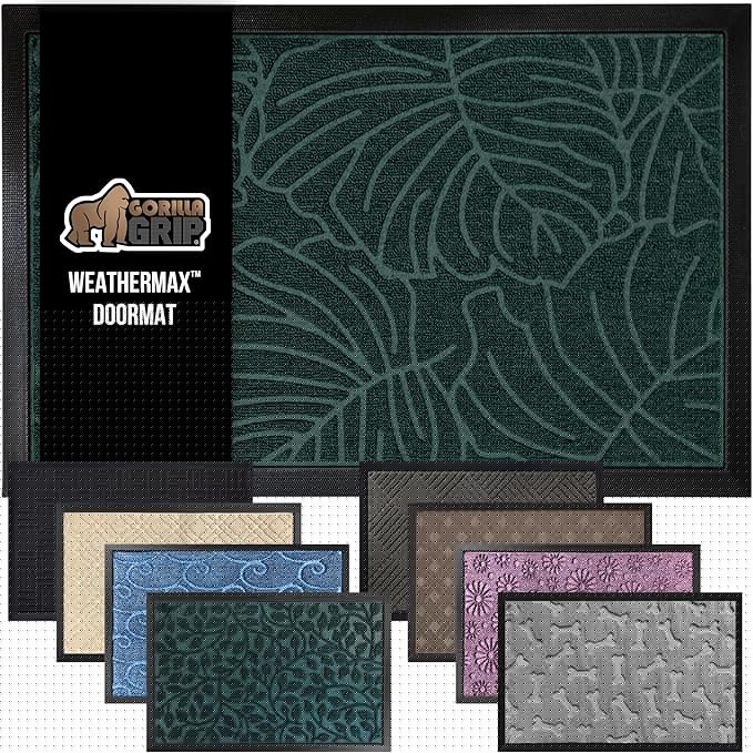 GORILLA GRIP 100% Waterproof All-Season WeatherMax Doormat US Designed Natural Rubber, Stain and Fade Resistant, Low Profile Indoor Outdoor Door Mats, Easy Clean Patio Mat, 17x29, Green Palm