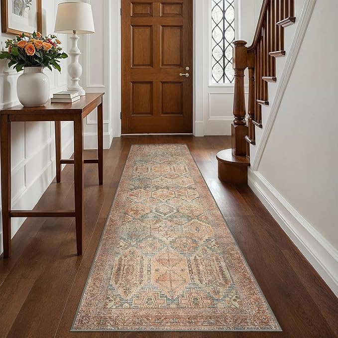 Bavni Runner Rug 2x10 Kitchen Rug for Hallways Entryway, Washable Rug Vintage Print Carpet, Ultra-Thin Chenille Low Pile Lightweight Rug with Non Slip Backing, Clay