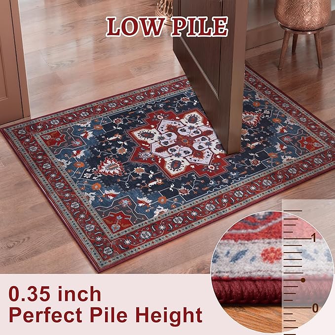 Tangsoo Oriental Red Rug 4x6 Washable Vintage Rugs Non Slip Indoor, Distressed Carpet for Living Room, Dining Room, Soft Low Pile Rugs Boho Foldable Floor for Bedroom Dorm Bedside Bathroom