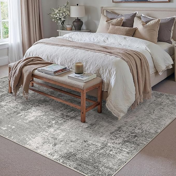 6x9 Grey Area Rug Washable Modern Abstract Living Room Carpet Non Slip Neutral Low Pile Soft Contemporary Gray Bedroom Large Rug Indoor Office Dining Room Playroom