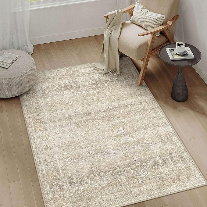 HUGEAR 3x5 Area Rug Beige Vintage Neutral Washable Bathroom Rug Soft Non Slip Distressed Carpet Low Pile Pet Friendly for Kitchen Bedside Entryway Hallway Porch Dining Room