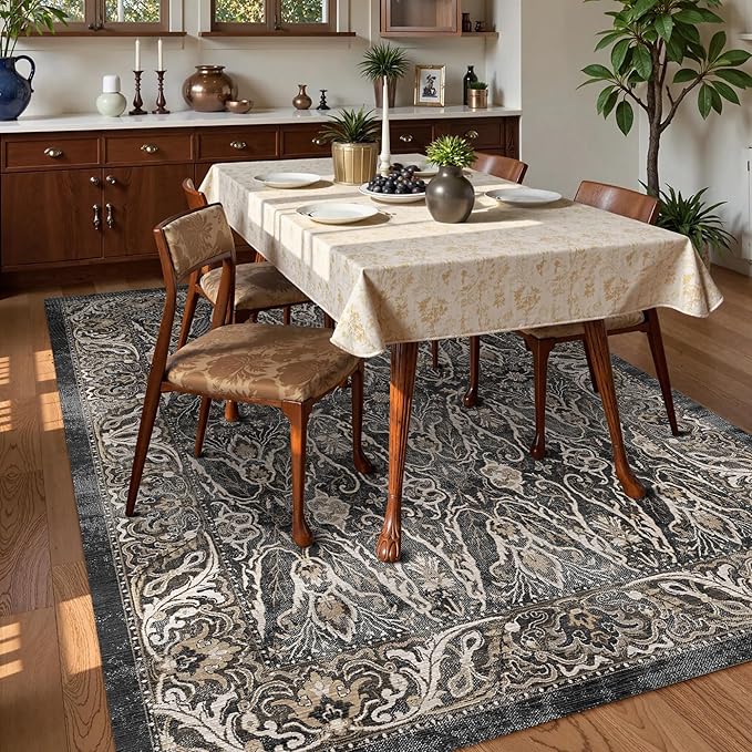 Washable Area Rug 8' x 10' Vintage Traditional Persian Mat - Foldable Distressed Non-Slip Machine Washable Carpet for Living Room Bedroom Kitchen Home Decor - Ebony and Taupe