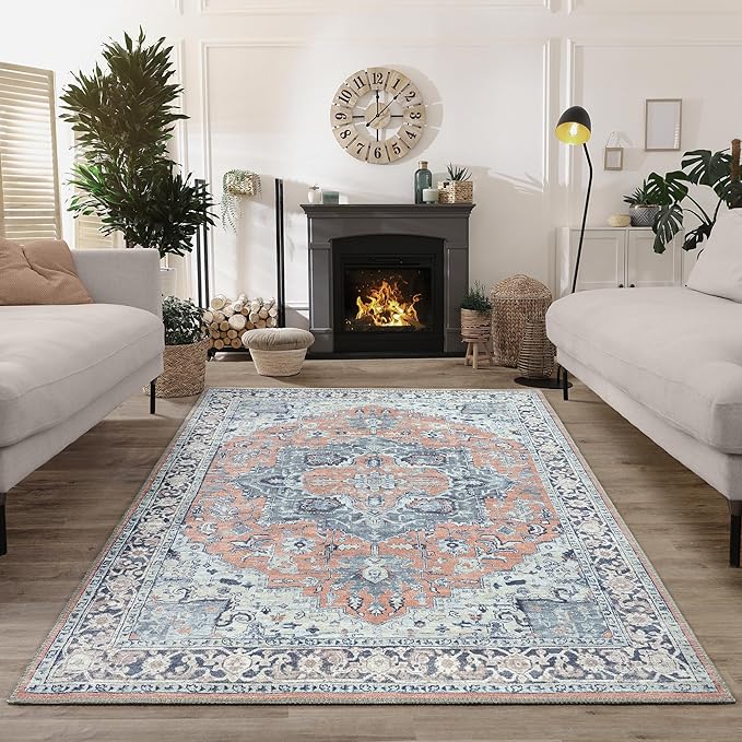 Bloom Rugs Washable Non-Slip 9' x 12' Rug - Coral/Blue Traditional Medallion Area Rug for Living Room, Bedroom, Dining Room, and Kitchen - Exact Size: 9' x 12'