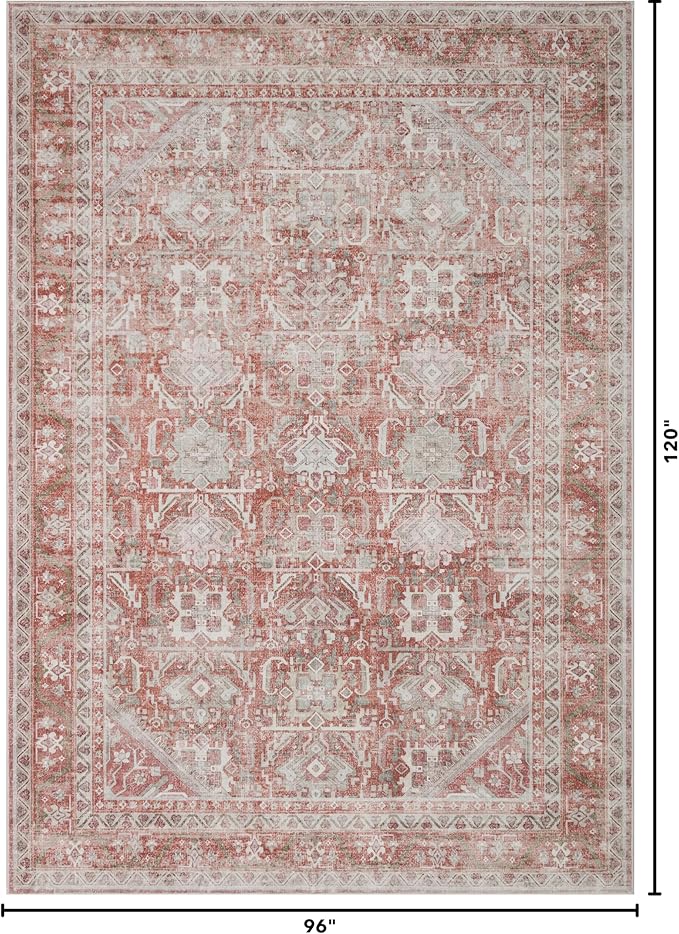 Kuden 8x10 Large Area Rug, Machine Washable Area Rug with Non-Slip Backing, Vintage Style, Soft, Easy Clean, Low Pile Rug for Living Room, Bedroom, Dining Room
