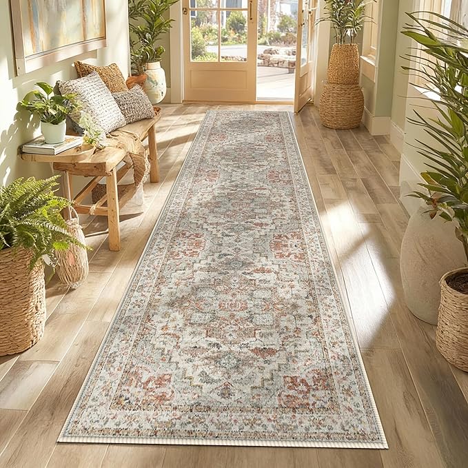 Enkor Runner Rugs for Hallway, 2x10 Washable Soft Boho Non Slip Floor Rugs for Kitchen, Modern Mat for Living Room Bedroom Entryway Beige & Orange