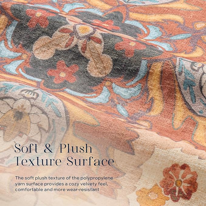Phantoscope Washable Area Rug 4'x6' Non-Slip, Vintage Boho Rugs for Living Room, Bedroom, Dining Room, Fall Orange Floral Medallion Pattern, Low-Pile Foldable Floor Carpet, Rust/Multi Floral