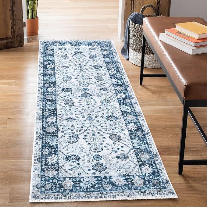 Bloom Rugs Caria Washable Non-Slip 12 ft Runner - Navy Blue Traditional Bordered Runner for Entryway, Hallway, Bathroom, and Kitchen - Exact Size: 2'6" x 12'