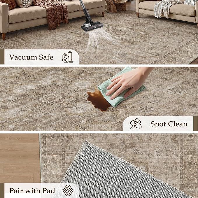 HUGEAR Washable 6x9 Area Rugs Retro Brown Living Room Bedroom Rug Vintage Distressed Non Slip Stain Resistant Low Pile Neutral Throw Carpet for Home Decor