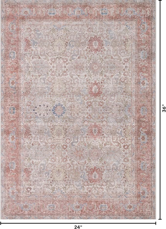 Kuden 2x3 Small Rug, Machine Washable, Non-Slip Backing, Vintage Style, Soft, Low Pile, Area Rugs for Entryway Kitchen Indoor Entrance