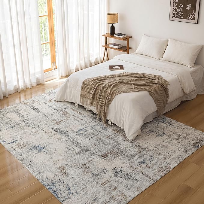 FMFUNCTEX 8x10 Washable Area Rug Brown Blue Neutral Abstract Modern Large Non Slip Carpet for Living Room Bedroom Soft Low Pile Indoor Mat Thin Accent Throw Rug for Dining Room Kitchen Office Nursery
