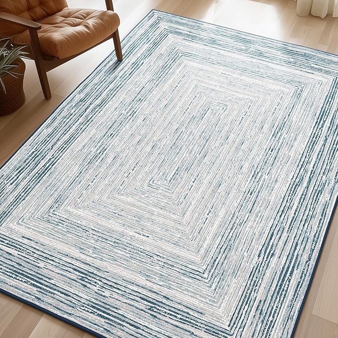 Phantoscope Washable Area Rug 4'x6' Non-Slip, Modern Neutral Boho Rugs for Living Room, Bedroom, DiningRoom, Distressed Geometric Rectangle Pattern, Low-Pile Foldable Floor Carpet, Coastal Blue/Grey
