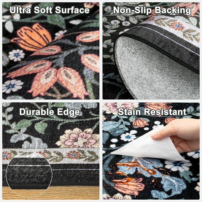 6x9 Area Rugs for Living Room: Floral Washable Rug Vintage Large Soft Boho Non-Slip Carpet Indoor Stain Resistant Thin Carpets for Bedroom Dining Room Farmhouse Nursery Hallway Home Office Dark Black