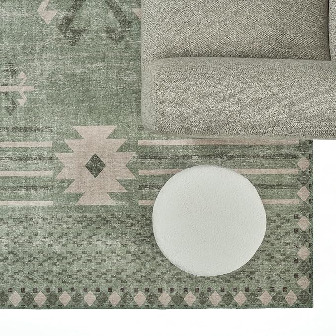 Revival Rugs Flam 5'x8' Zero-Shedding Area Rug for Living Room Bedroom - Oeko-TEX Certified, Low Pile, Spot Clean, Green