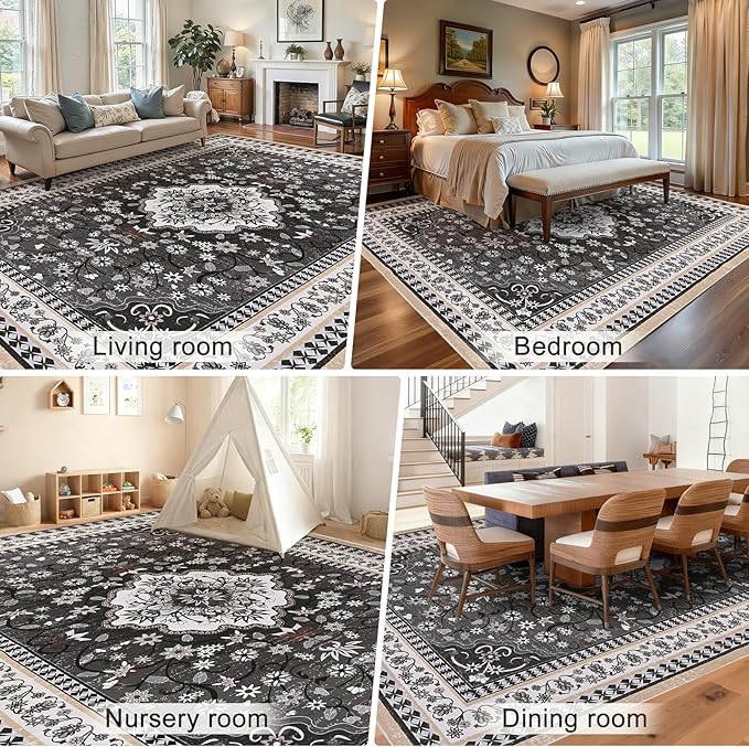 Luxury 5' x 7' Black Washable Area Rugs, Boho Low Pile Easy Clean Non-Slip Rug, Floral Medallion Pattern Vintage Rugs for Living Room, Dinning Room, Office, Bedroom, Bathroom, Laundry Room, Farmhouse