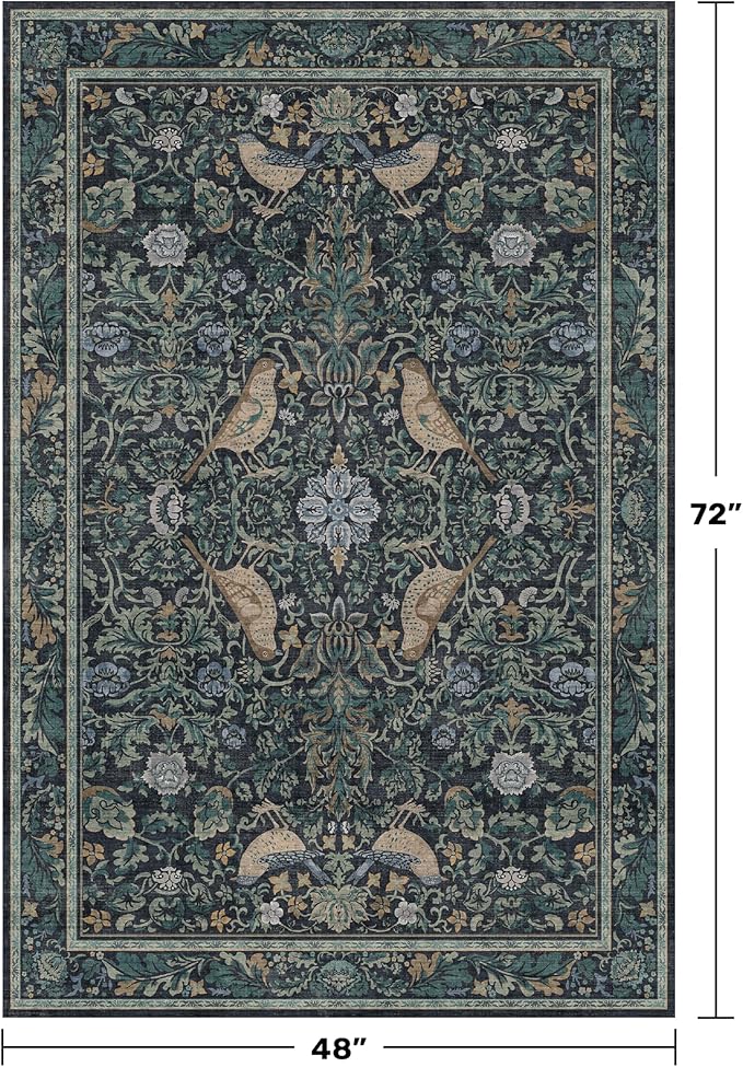 Vintage 4x6 Washable Entryway Rug, Blue & Green Floral Bird Woodland Rug, Non-Slip Low Pile Stain Resistant Carpet for Kitchen, Bedroom, Small Living Room